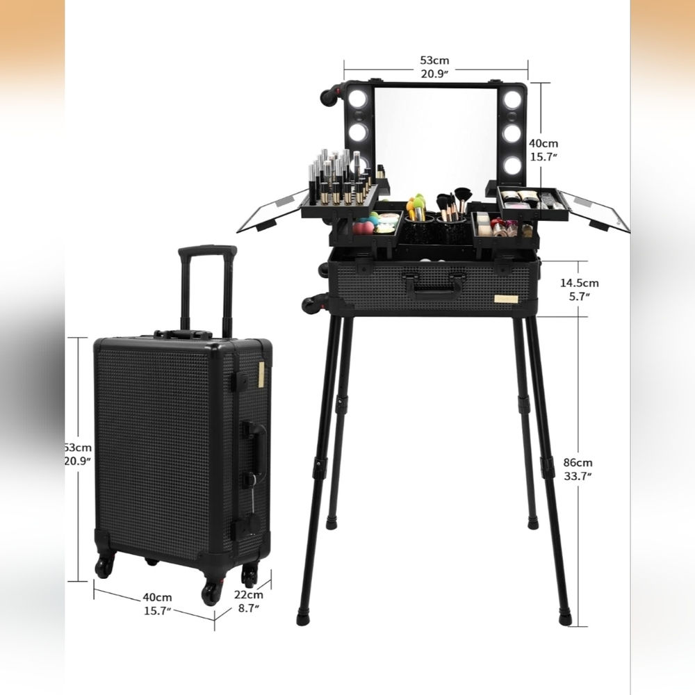 Portable Luggage Rolling Vanity Black Makeup Trolley W/ Mirror & Lights (NWOT)✨️ - Picture 2 of 5